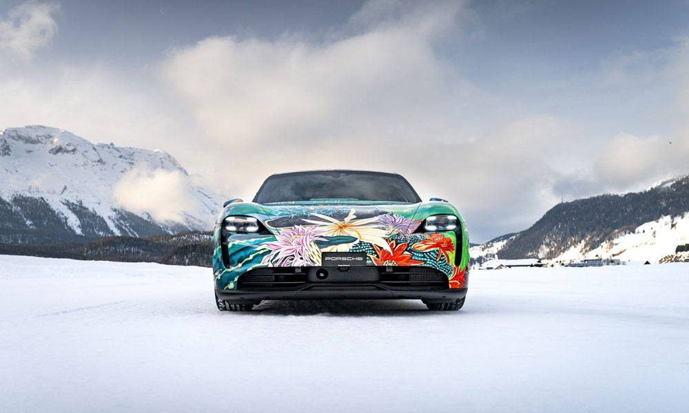Bold florals form the artwork wrap around the electric Taycan 4S. Credit: RM Sothebys