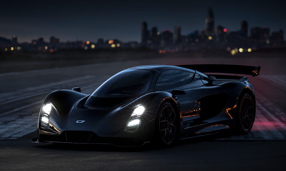 Czinger 21C hypercar parked at night with headlights