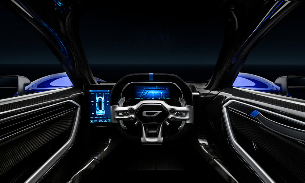 Hypercar Czinger 21C lightweight track configuration interior driver view for Geneva International Motor Show 2020