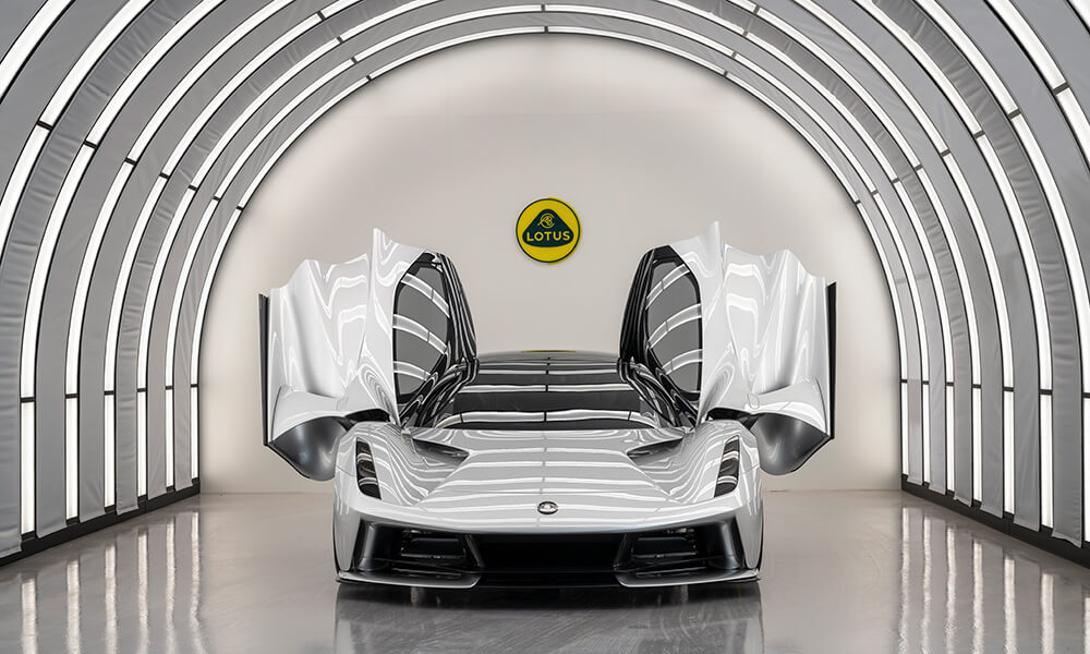 Lotus Evija EV hypercar production facility light tunnel