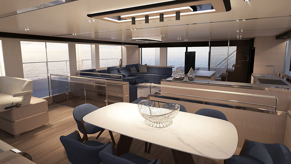 SILENT 80 Tri-Deck Catamaran Main Saloon. Credit: Silent Yachts