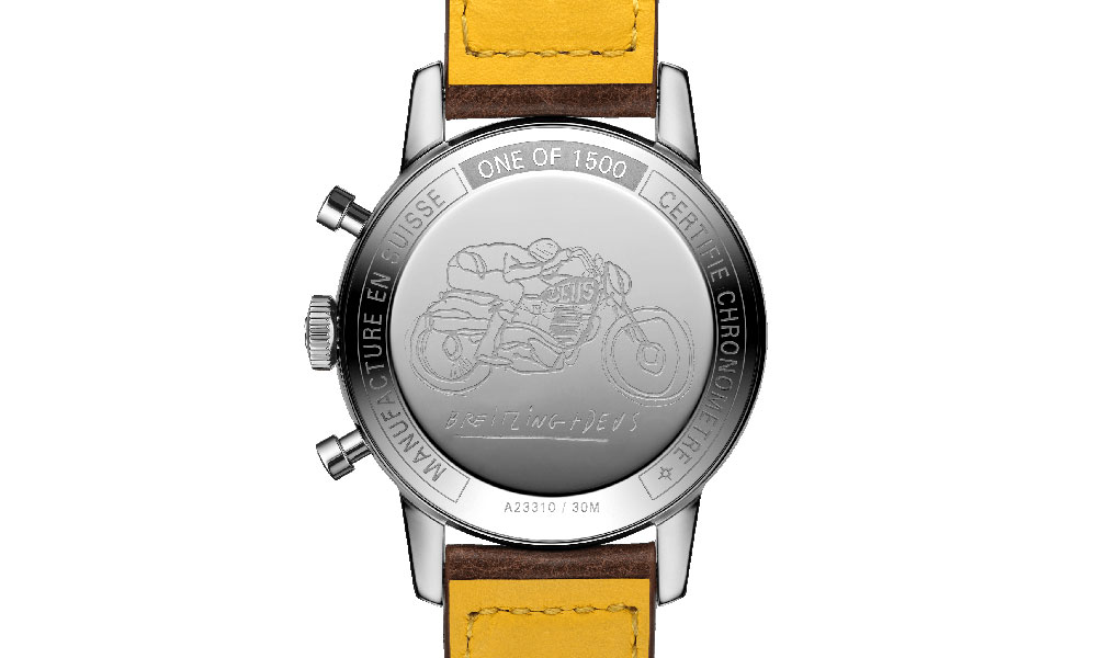 Sketch of Deus Ex Machina creative director Carby Tuckwell featured on the case back. Credit: Breitling